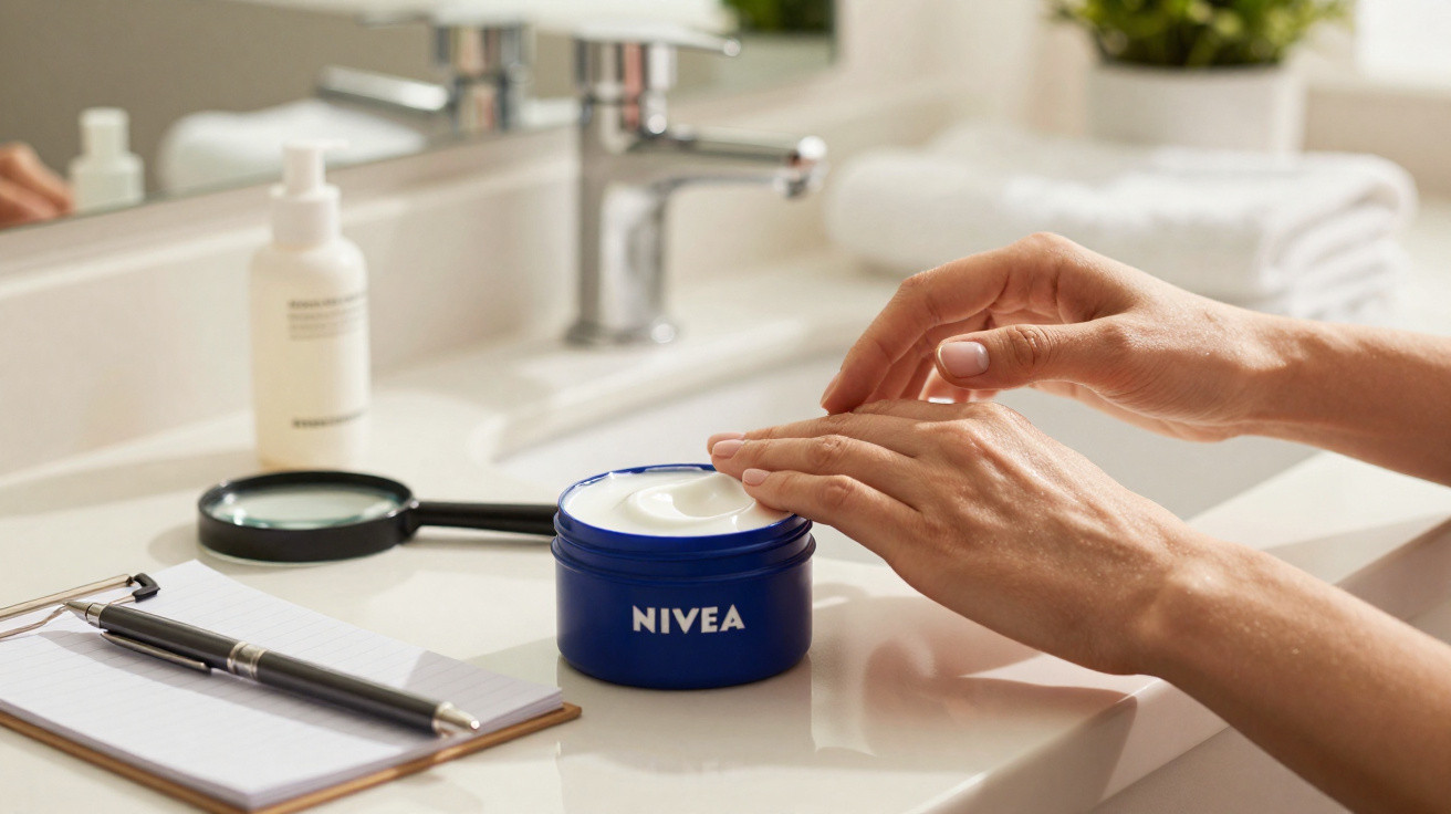 Hände entnehmen NIVEA Creme aus blauem Tiegel auf weißem Badezimmerwaschbecken mit Spiegel und Utensilien.