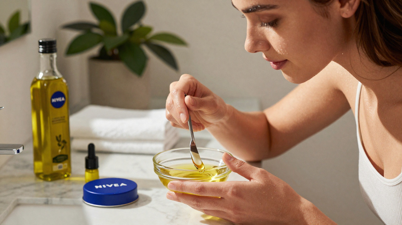 Frau rührt Öl in einer Glasschale, Nivea-Ölflasche und Cremedose auf dem Badetisch.