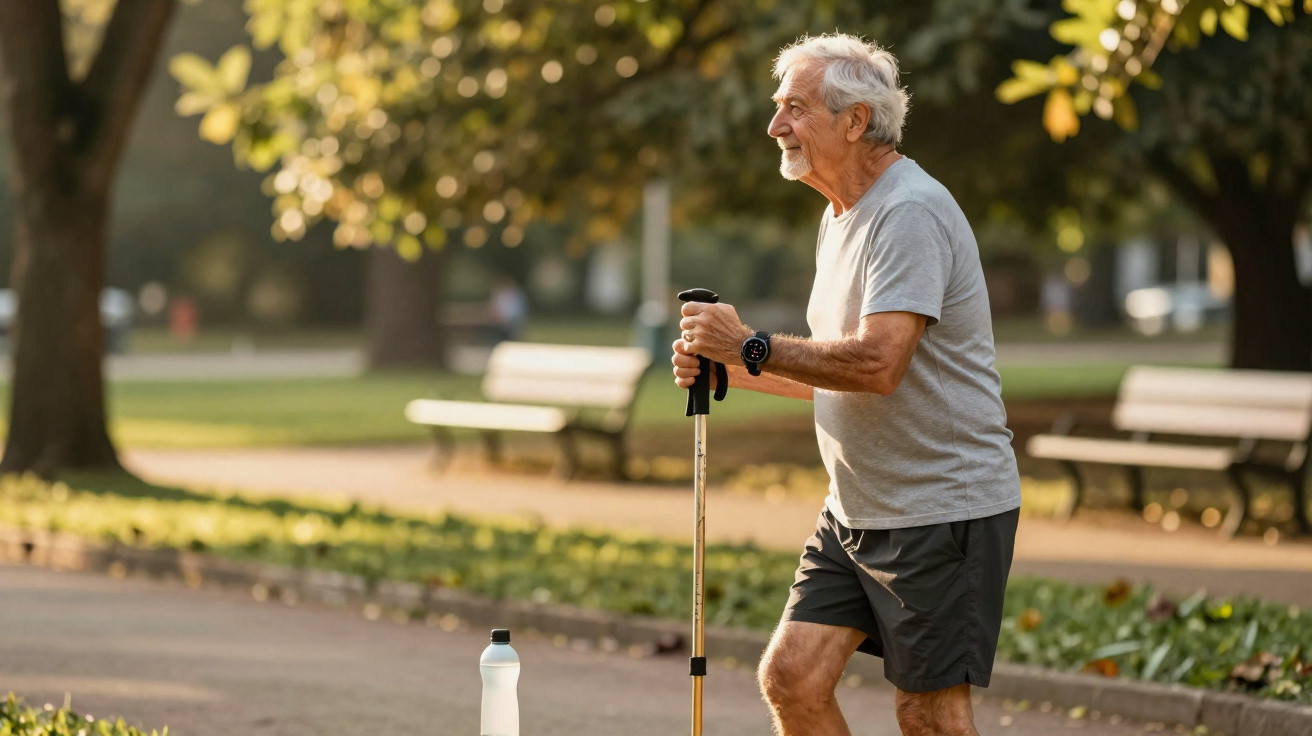 Älterer Mann mit Nordic-Walking-Stöcken macht Pause im Park bei Sonnenschein.