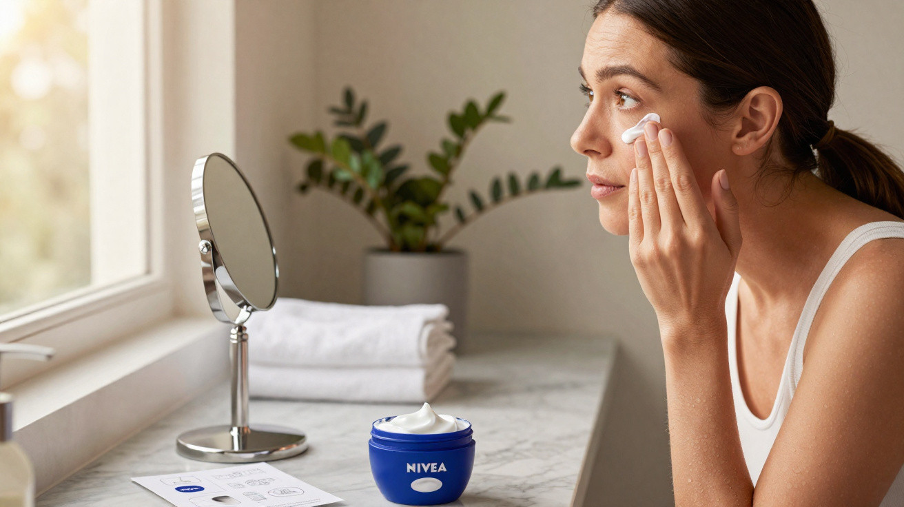 Frau cremt ihr Gesicht vor Spiegel ein, Nivea Creme steht auf Marmorplatte neben Handtüchern.