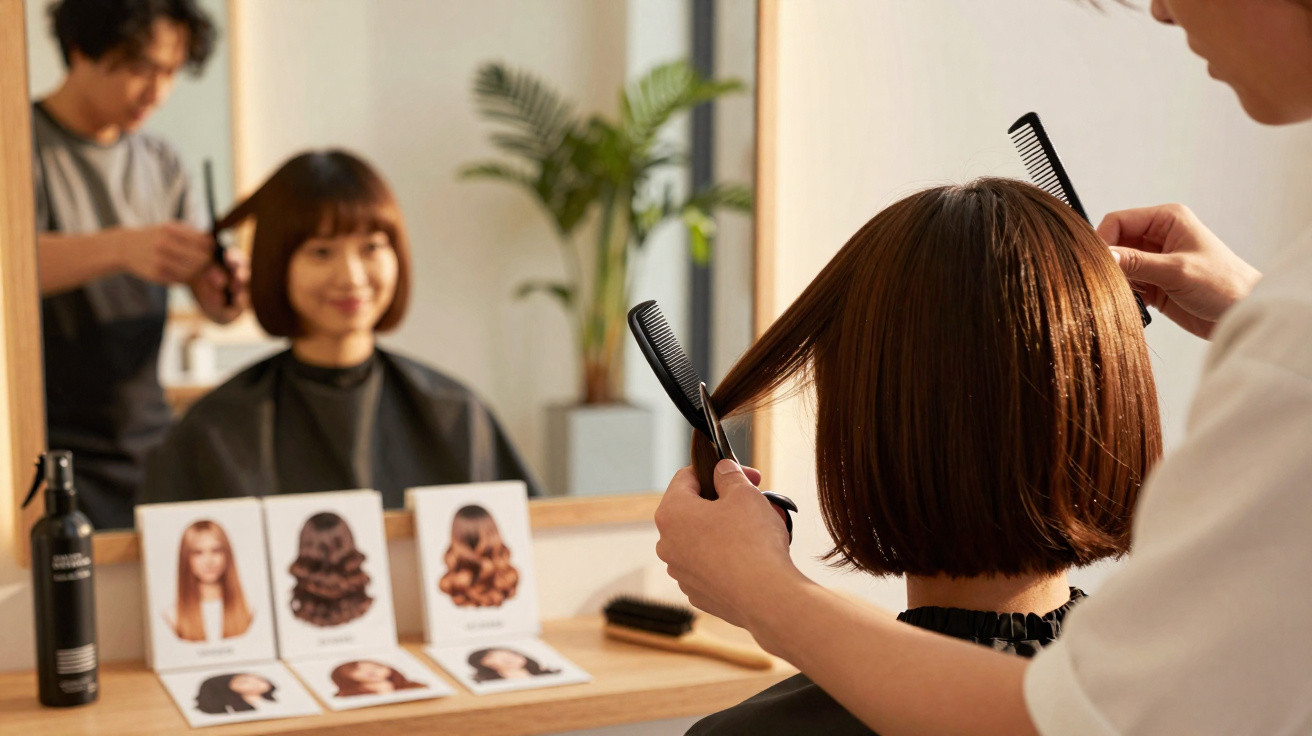 Friseurin schneidet kurzhaarigen Frau im Salon mit Spiegel und Frisurenbeispielen auf dem Tisch.