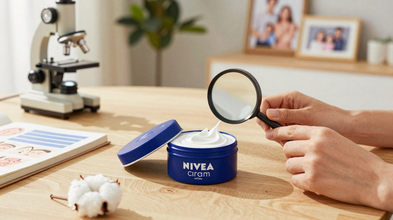 Offene NIVEA Ciram Creme mit Lupe und Händen auf einem Holztisch, Mikroskop im Hintergrund.