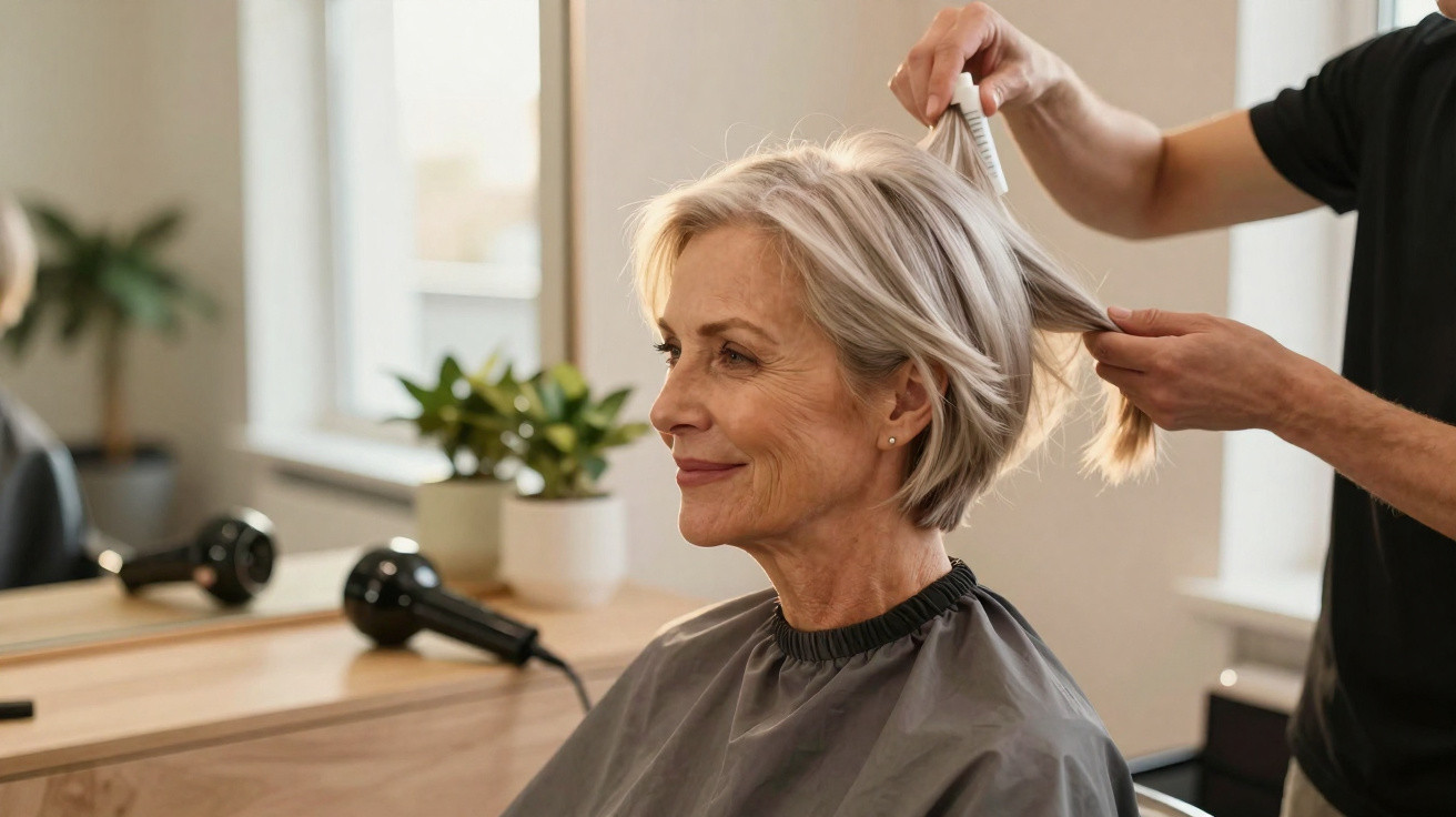 Ältere Frau mit kurzem grauem Haar sitzt beim Friseur und wird gekämmt.