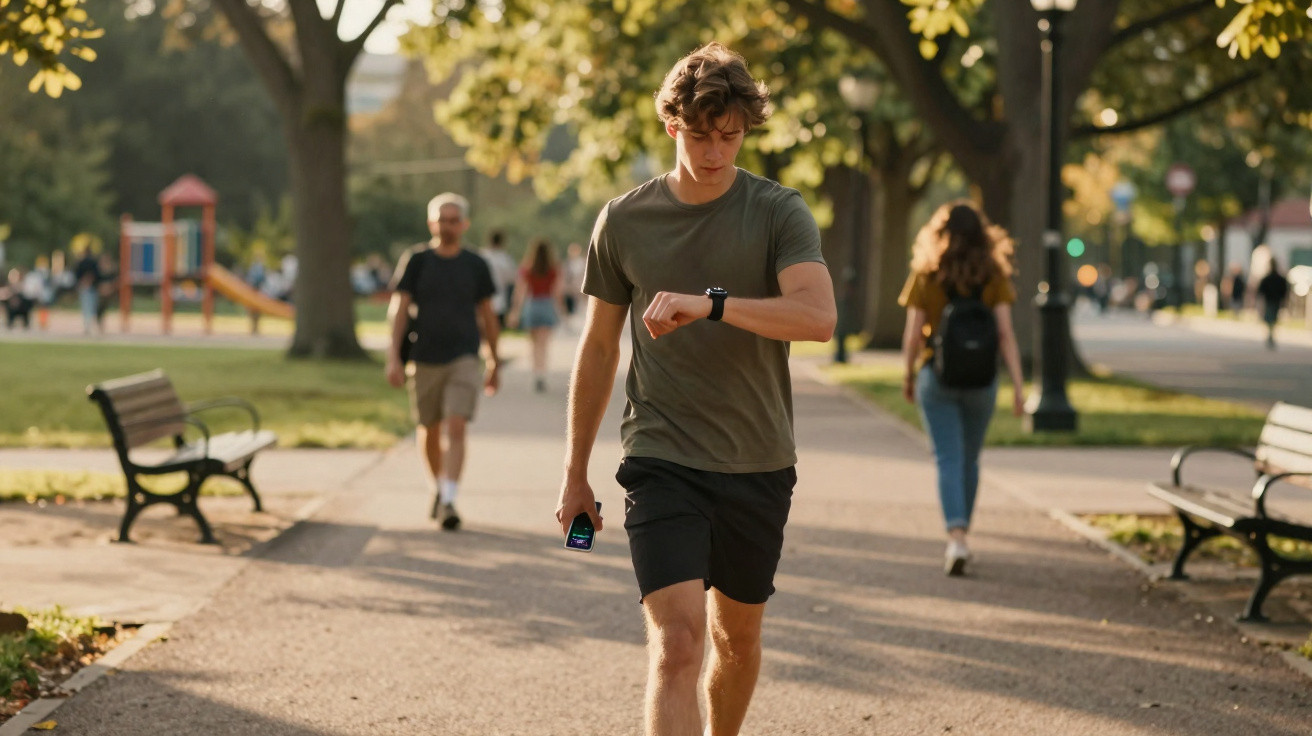 Junger Mann beim Joggen im Park schaut auf seine Sportuhr, umgeben von Spaziergängern und Bänken.