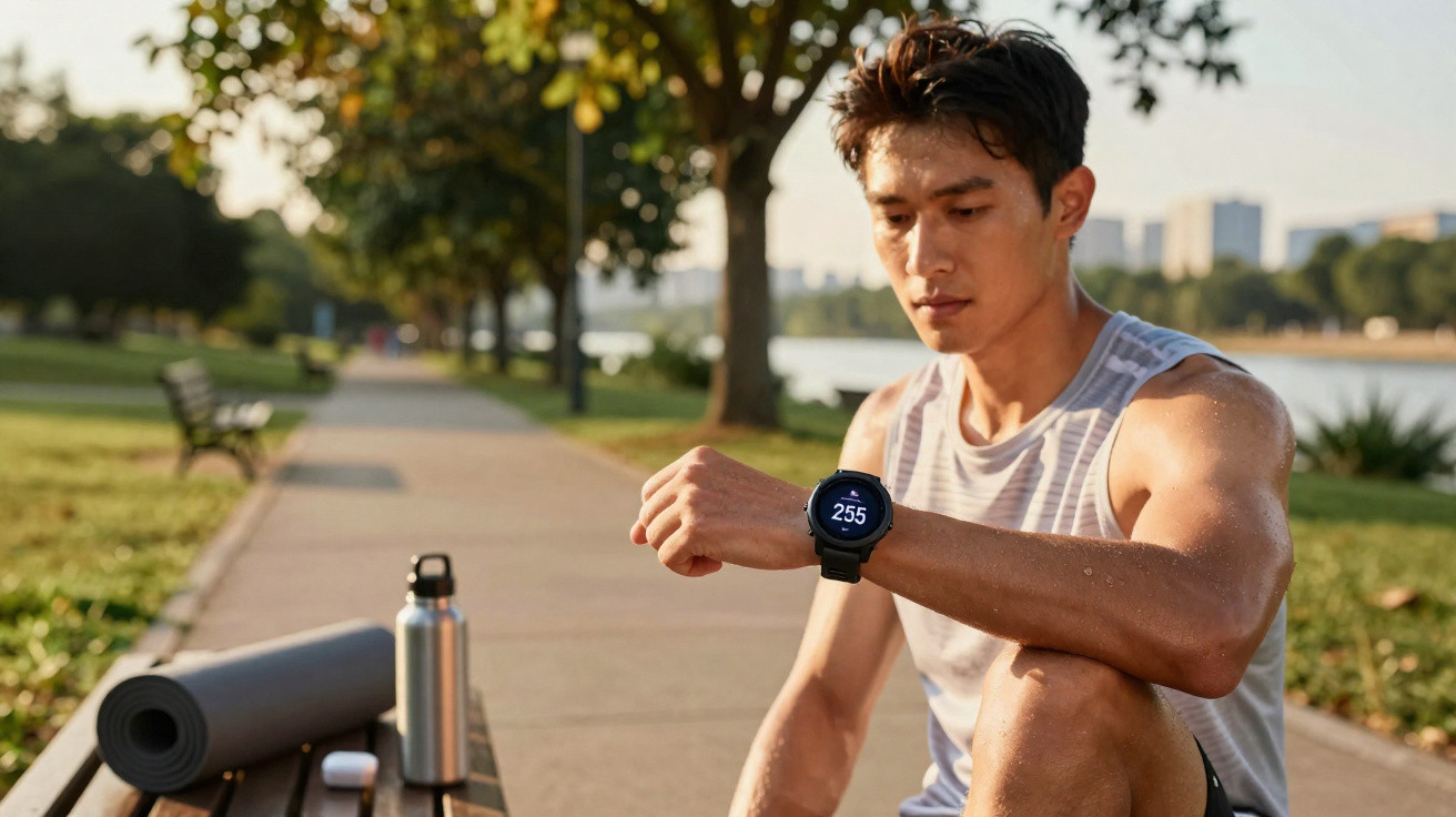 Mann sitzt draußen auf Bank nach dem Sport und schaut auf die Smartwatch mit Herzfrequenzanzeige.