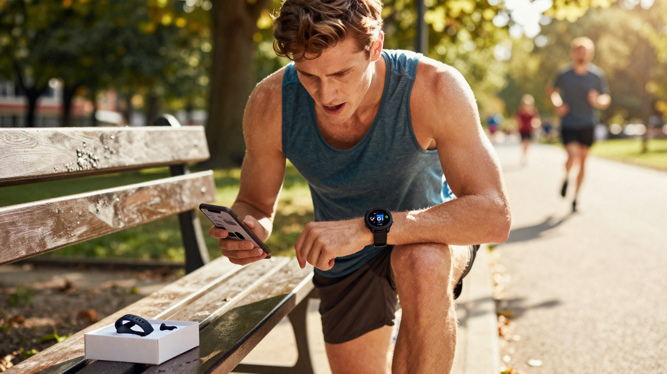 Mann mit Sportuhr macht Pause auf Parkbank, überprüft Daten auf Smartphone im Sonnenschein.