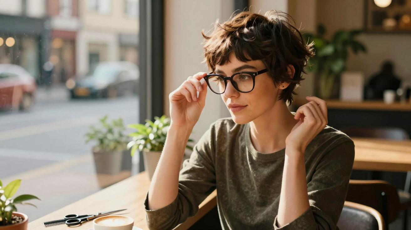 Frau mit kurzen Haaren und Brille sitzt in Café am Fenster und hält Brillenbügel mit Hand.