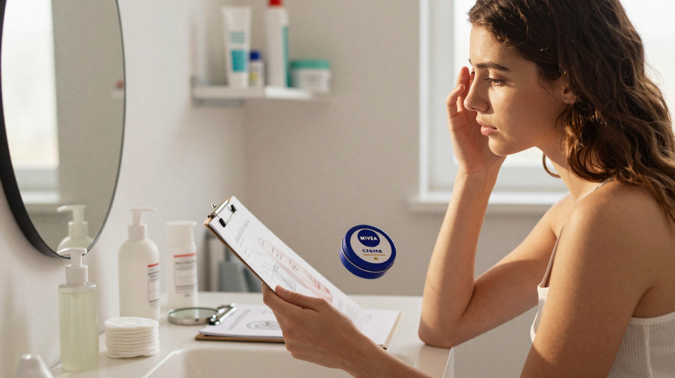 Frau im Bad liest Anleitung und hält Nivea Creme-Dose, umgeben von Hautpflegeprodukten am Waschbecken.