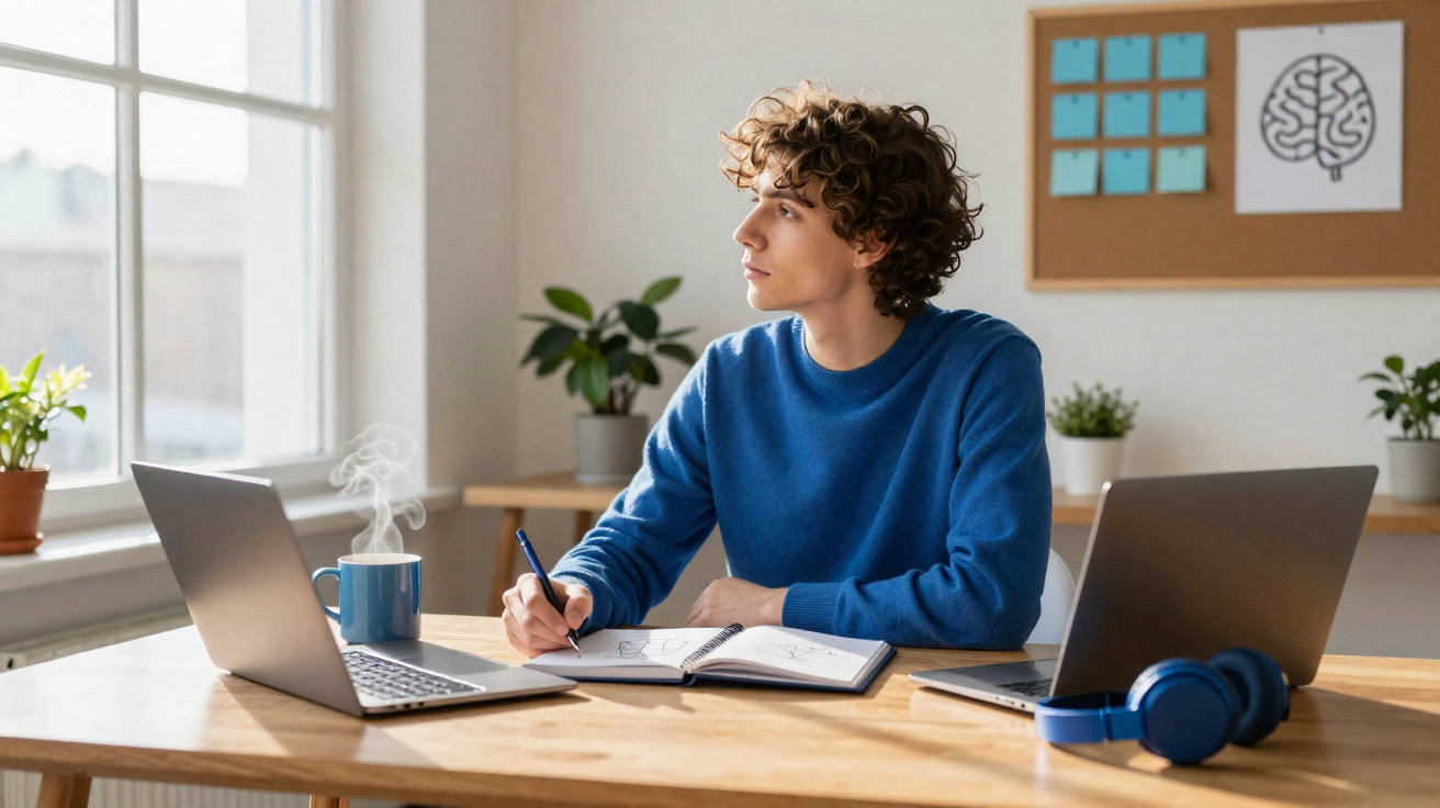 Junger Mann arbeitet zuhause am Schreibtisch, schreibt in Notizbuch, denkt nach, zwei Laptops und dampfende Tasse.