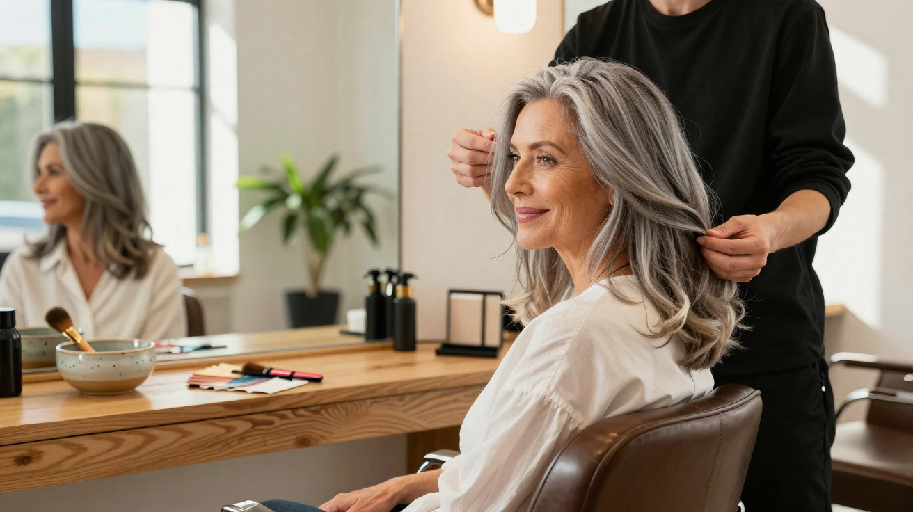 Ältere Frau mit grauen Haaren lässt sich im Friseursalon die Haare stylen und lächelt zufrieden.