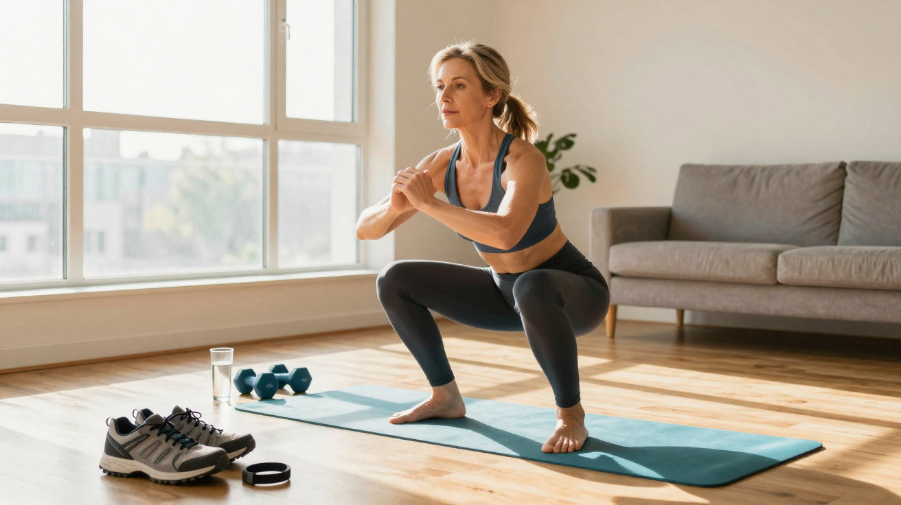 Frau macht Kniebeugen auf Yogamatte in hellem Wohnzimmer neben Hanteln und Wasserflasche.