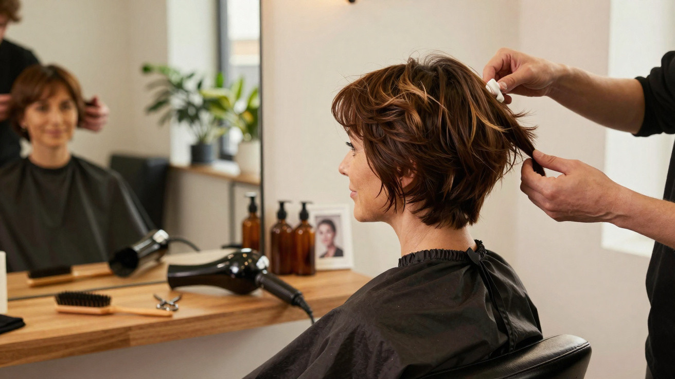 Frau sitzt im Friseursalon, während Friseur ihre kurzen braunen Haare schneidet und stylt.