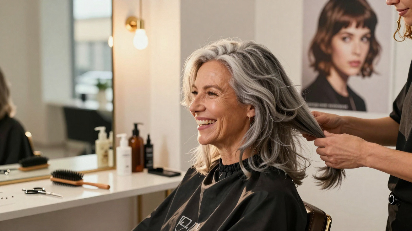 Ältere Frau lächelt im Friseursalon, während Friseurin ihre langen grauen Haare hält.