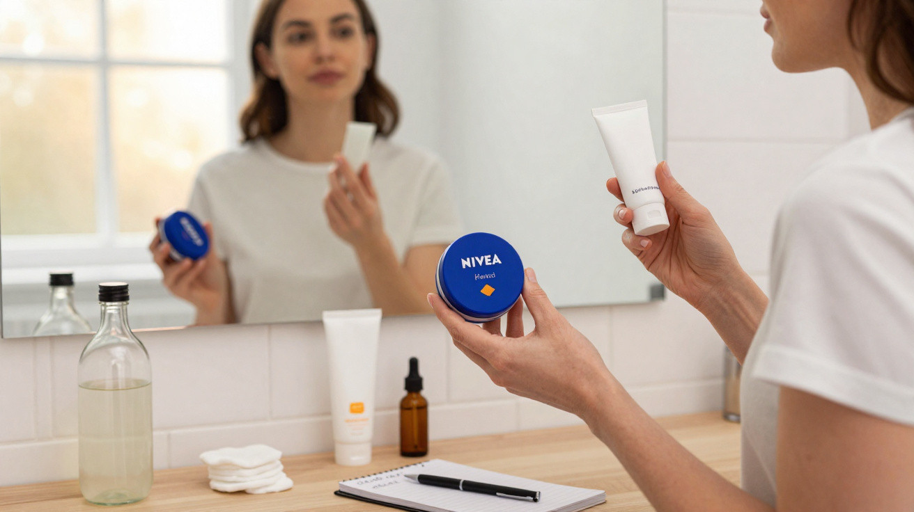 Frau hält Nivea Creme im Bad, Spiegel zeigt ihr Gesicht unscharf und weitere Hautpflegeprodukte stehen auf dem Waschbecken.