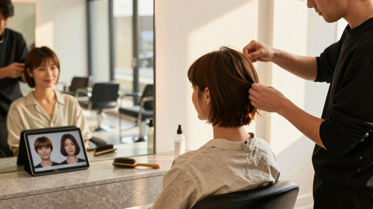Frau sitzt beim Friseur, der ihre kurzen Haare stylt, mit Tablet und Spiegel im Friseursalon.