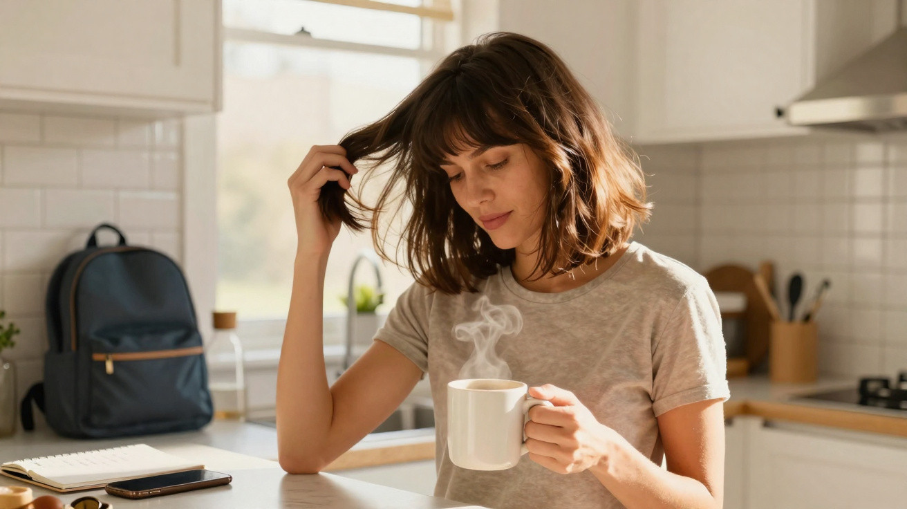 Frau mit braunen Haaren trinkt dampfenden Kaffee in heller Küche bei Tageslicht.