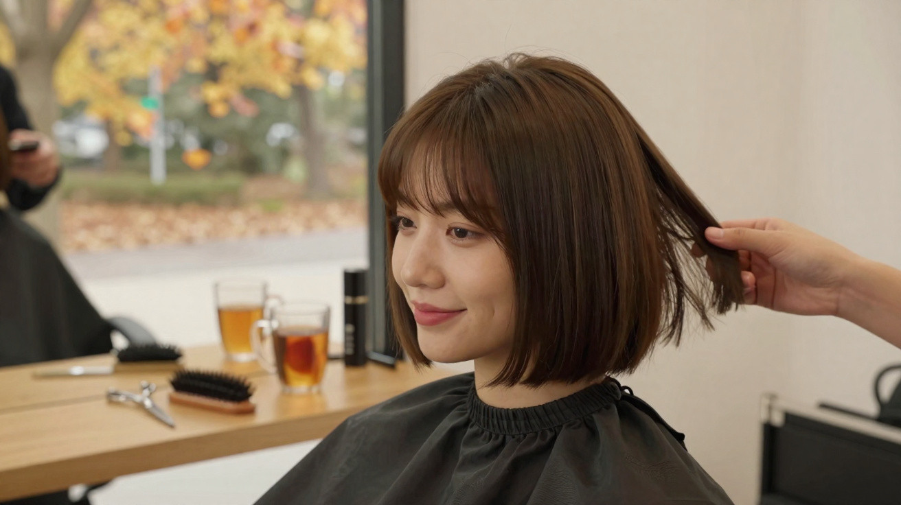 Junge Frau mit kurzem braunem Haar beim Friseurbesuch, Friseur hält eine Haarsträhne in der Hand.