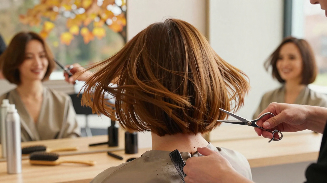 Frau bekommt im Friseursalon einen kurzen Bob-Haarschnitt, Frisör schneidet mit Schere Haare.