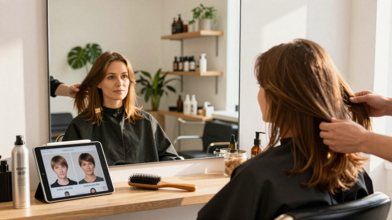 Frau sitzt im Friseursalon vor Spiegel, Friseur hält ihr Haar, Tablet zeigt Frisurenoptionen.