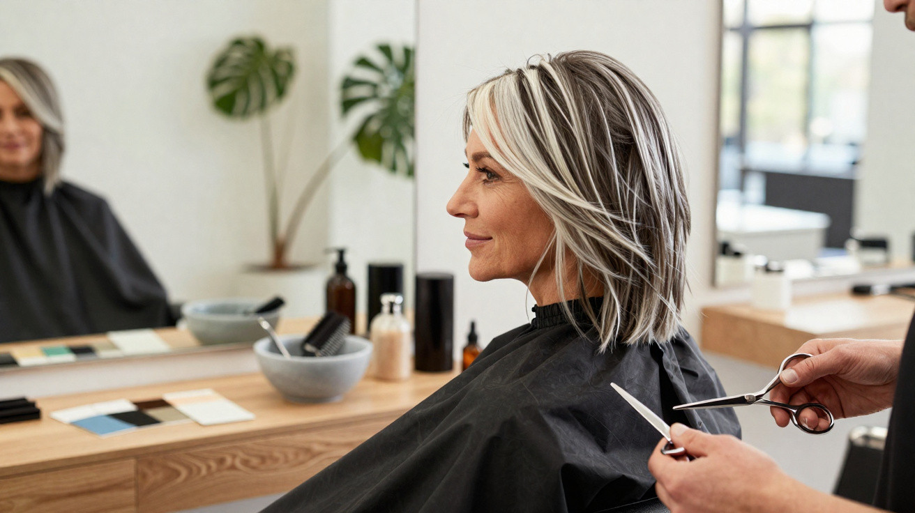 Frau mit schulterlangem, gesträhntem Haar beim Friseurbesuch, Friseur hält Schere und Kamm bereit.