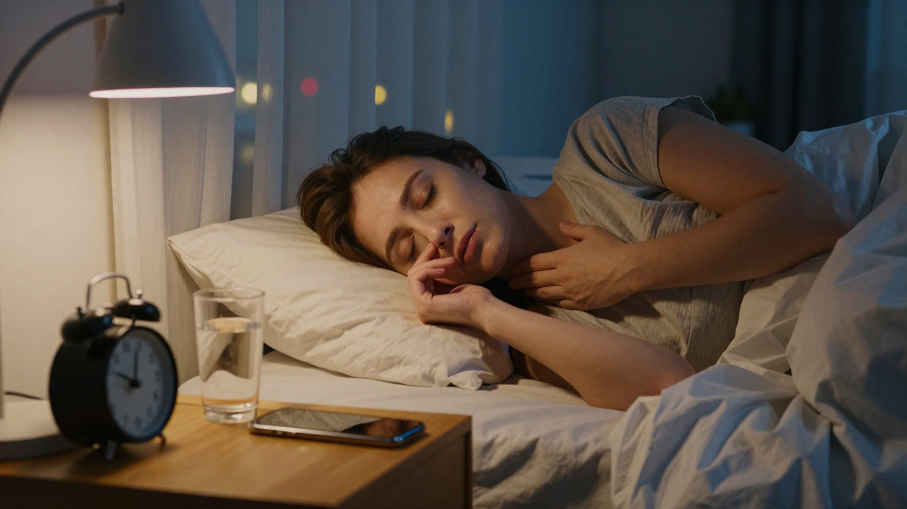 Frau liegt schlafend im Bett, neben Nachttisch mit Wecker, Glas Wasser und Handy, abends beleuchtet.
