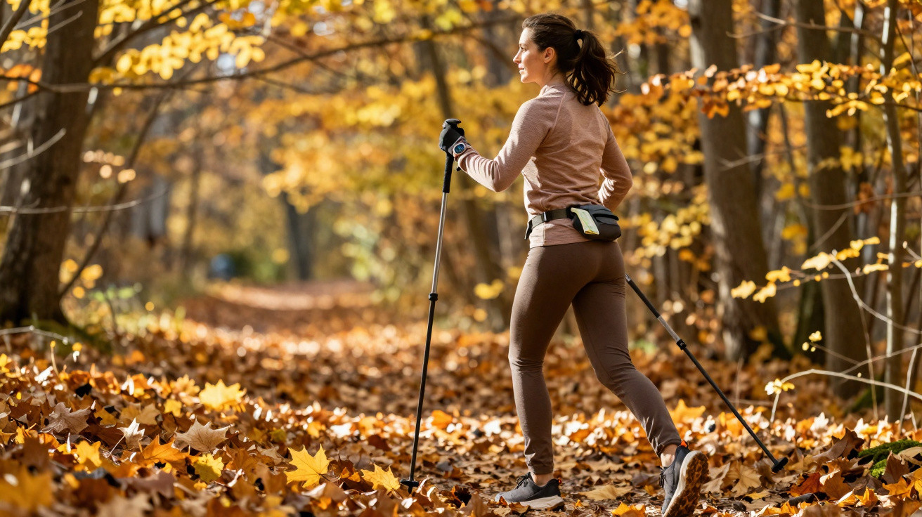 Frau beim Nordic Walking auf mit Herbstlaub bedecktem Waldweg, umgeben von gelben und orangefarbenen Blättern.