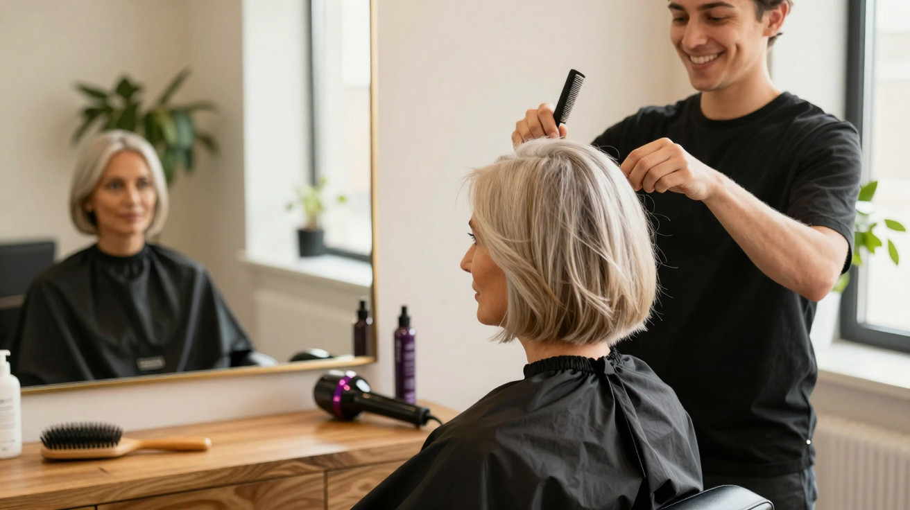 Friseursalon: Junger Friseur stylt die Haare einer älteren Frau mit kurzem silbergrauem Haar.