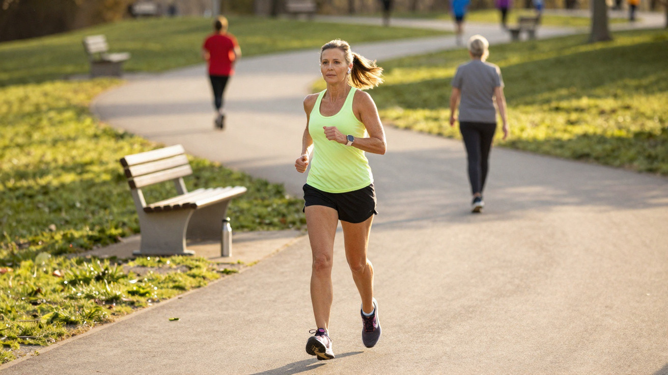 Frau joggt im Sommer auf einem gepflasterten Parkweg, im Hintergrund weitere Personen beim Gehen und Joggen.