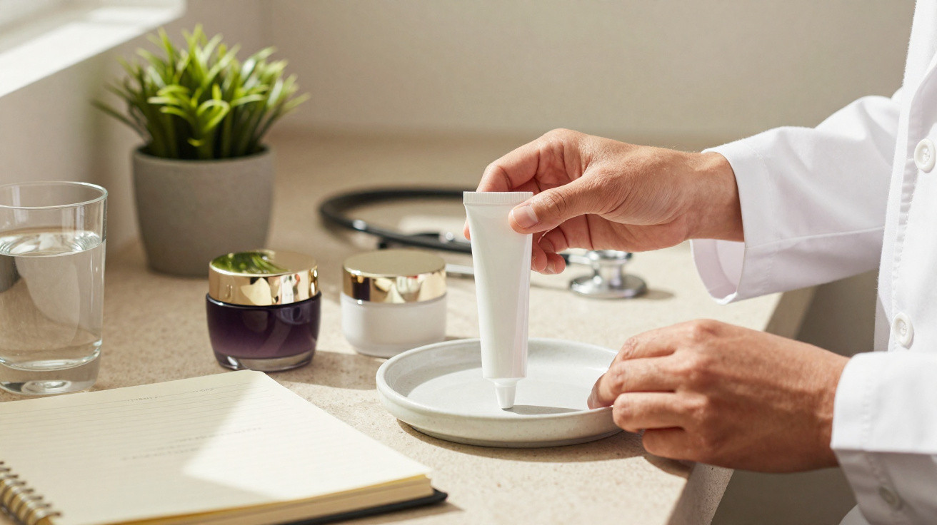 Hände in weißem Mantel drücken Creme aus Tube auf Teller, auf dem Tisch Notizbuch, Pflanze, Stethoskop, Glas Wasser.