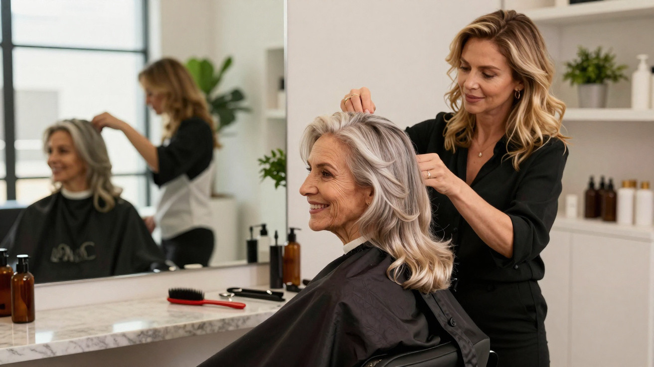 Friseurin stylt die grauen Haare einer älteren Frau in einem modernen Friseursalon vor Spiegel.