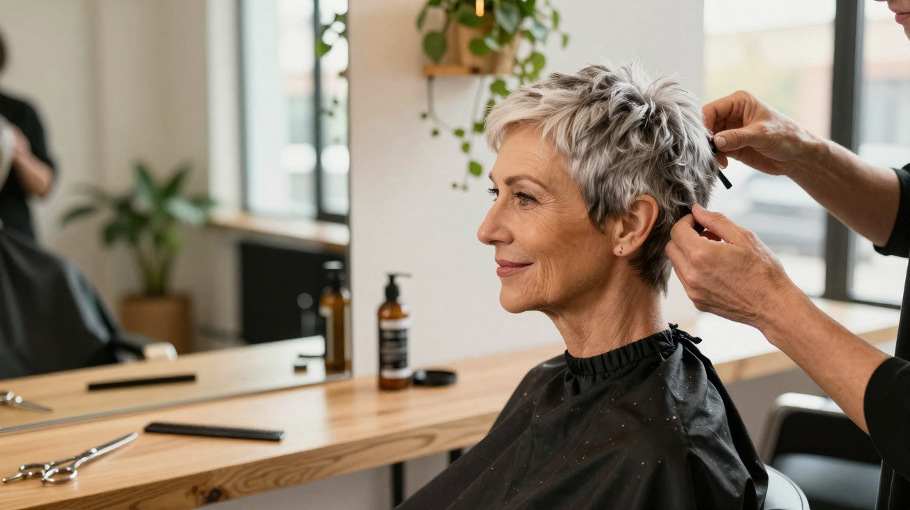 Ältere Frau mit kurzem, grauem Haar bekommt Haarschnitt in modernem Friseursalon.