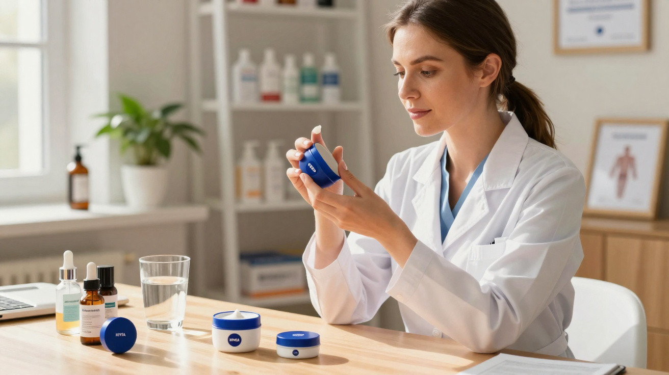 Frau im weißen Kittel prüft eine Nivea-Creme in einem hellen Raum mit Kosmetikprodukten auf dem Tisch.