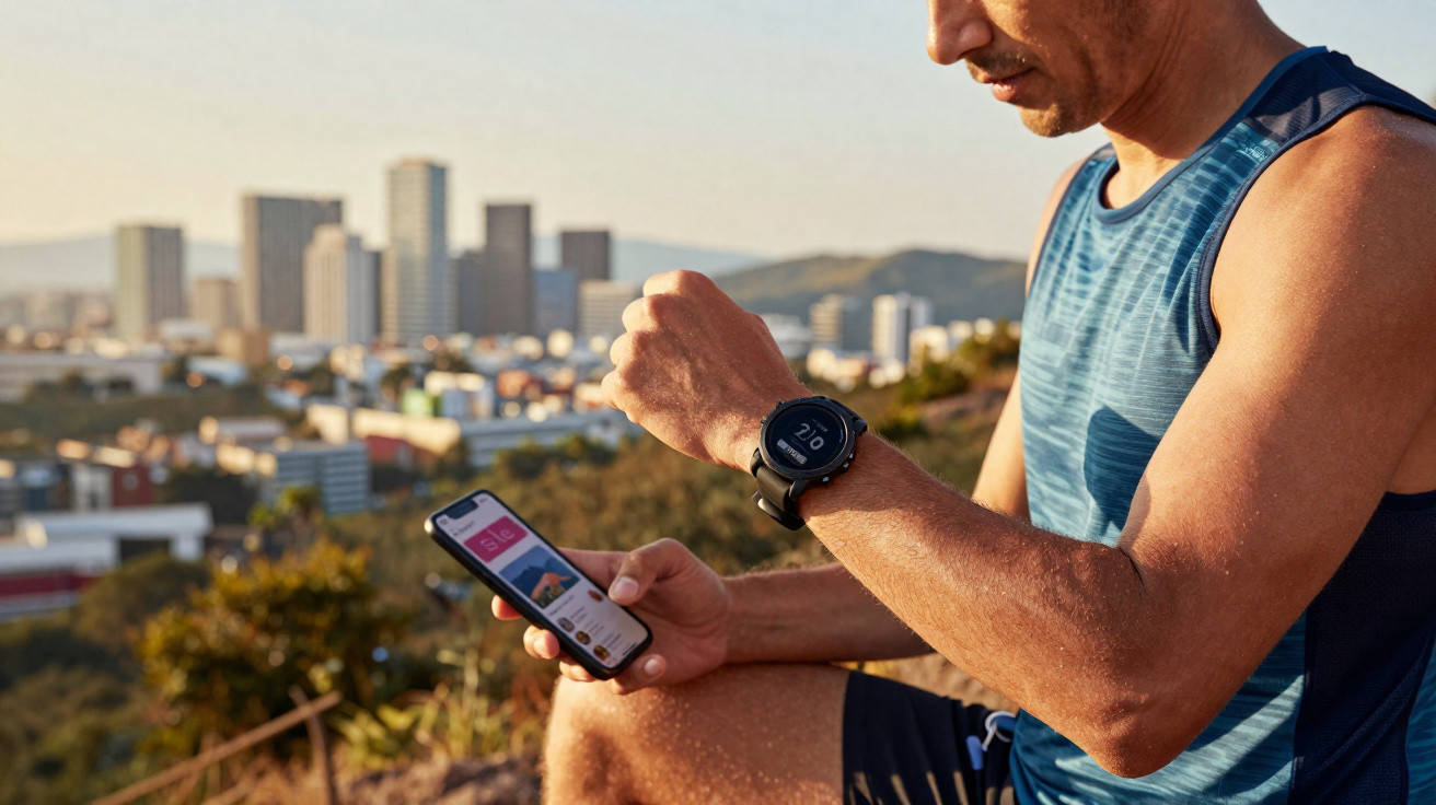 Mann in Sportkleidung überprüft Smartwatch und Smartphone im Freien mit Stadtlandschaft im Hintergrund.