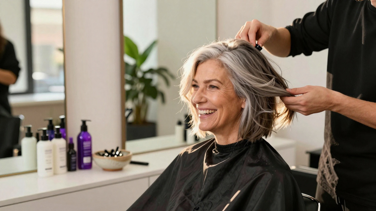 Ältere Frau mit grauen Haaren lächelt im Friseursalon, während Stylist ihre Haare frisiert.