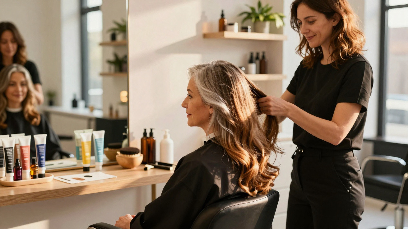 Friseurin stylt die langen, welligen Haare einer Frau im Salon mit Produkten im Hintergrund.