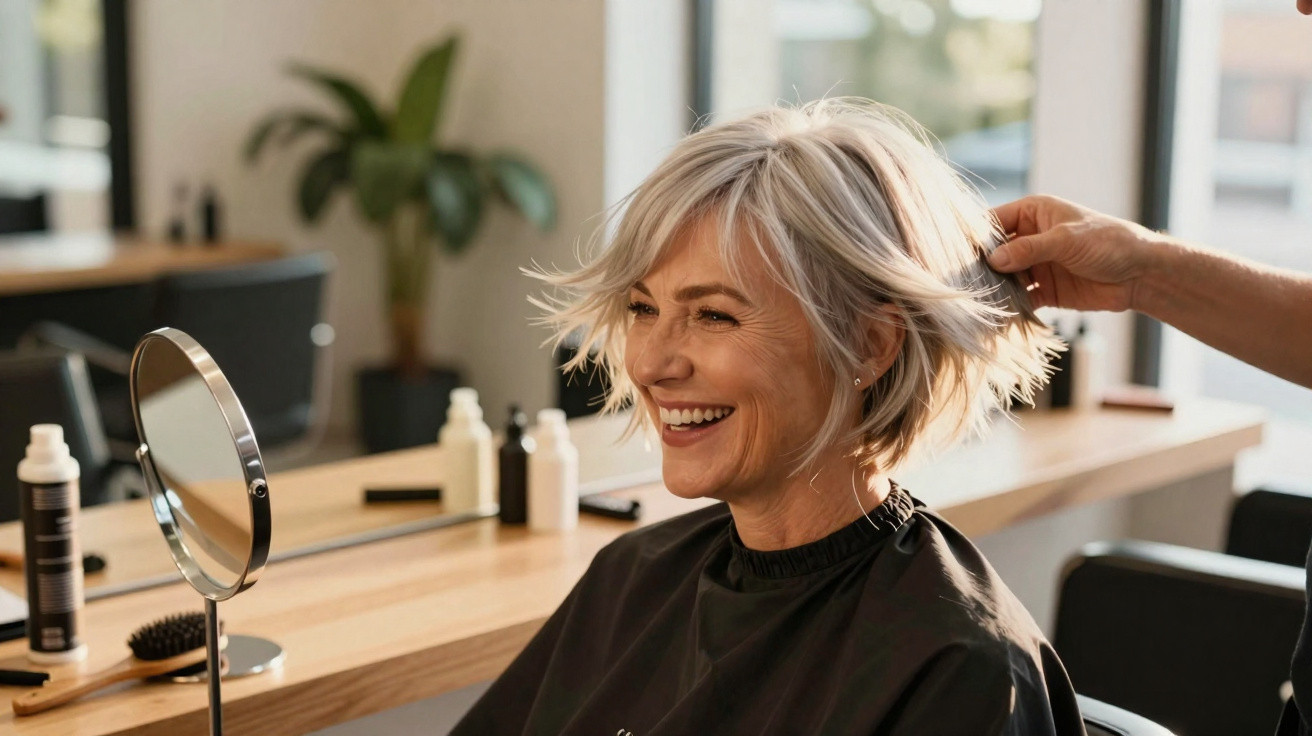 Fröhliche ältere Frau mit kurzem silbernem Haar beim Friseurbesuch, das Haar wird gestylt.
