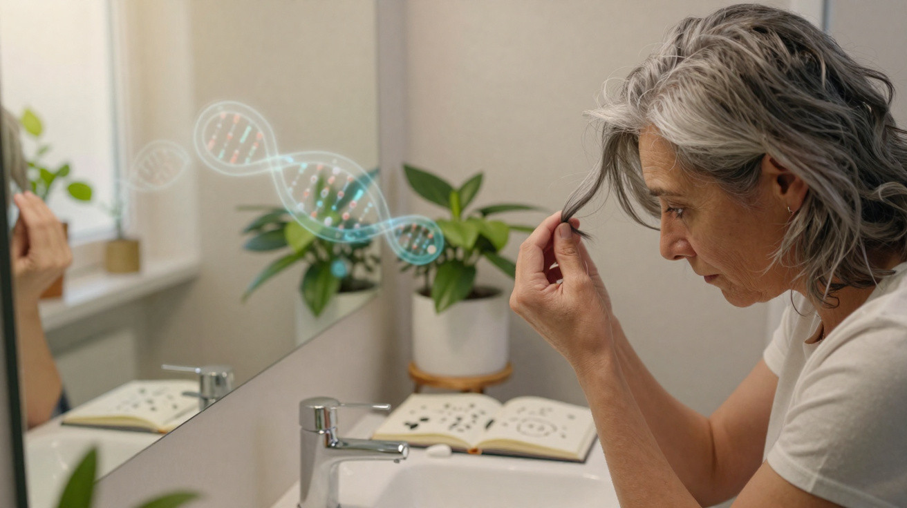 Ältere Frau betrachtet graue Haare am Waschbecken, DNA-Doppelhelix-Grafik symbolisiert genetische Einflüsse.