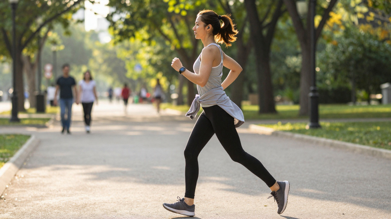 Frau joggt sportlich bekleidet auf einem sonnigen Weg in einem grünen Park mit Bäumen im Hintergrund.