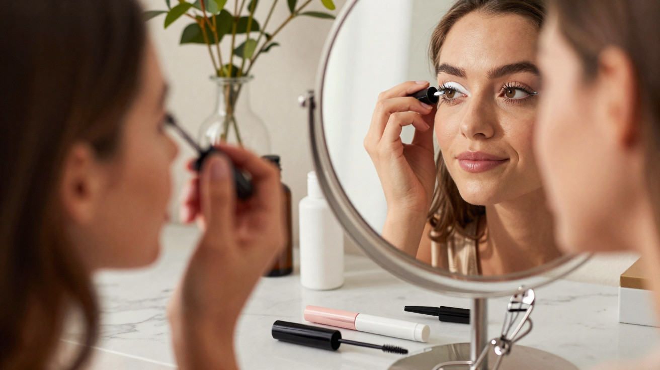Frau trägt vor einem Spiegel Wimperntusche auf, auf dem Tisch liegen Kosmetikprodukte und eine Vase mit Pflanzen.