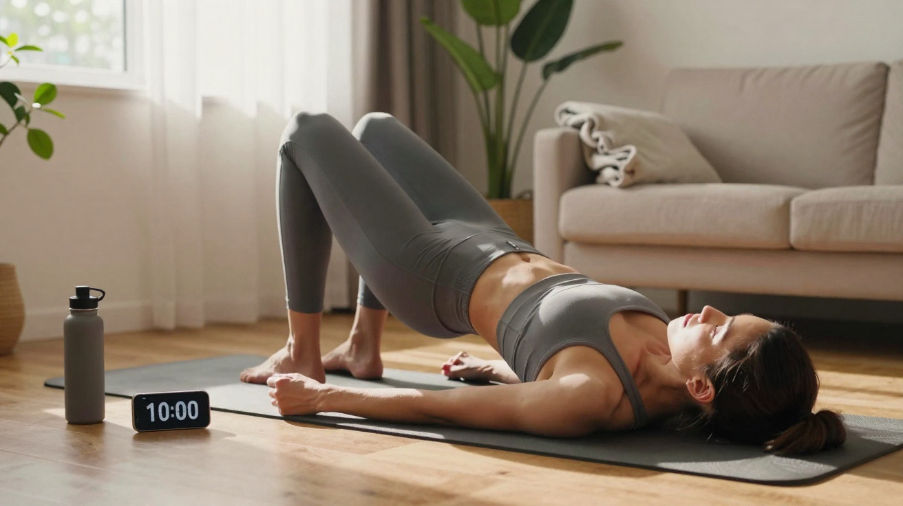 Frau macht Rückenbrücke auf Yogamatte im Wohnzimmer, neben Wasserflasche und Smartphone mit Timer.