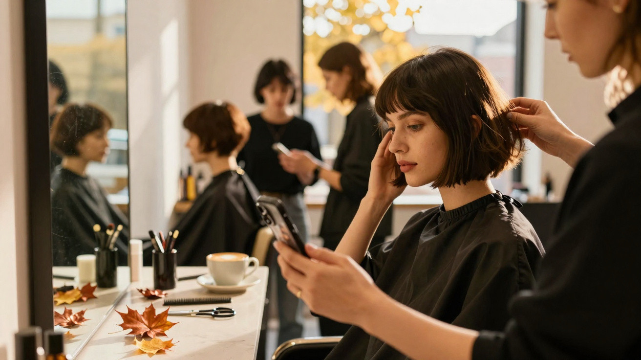 Frau beim Friseurbesuch schaut auf ihr Handy, Friseurin stylt ihre Haare, herbstliche Dekoration am Spiegel.