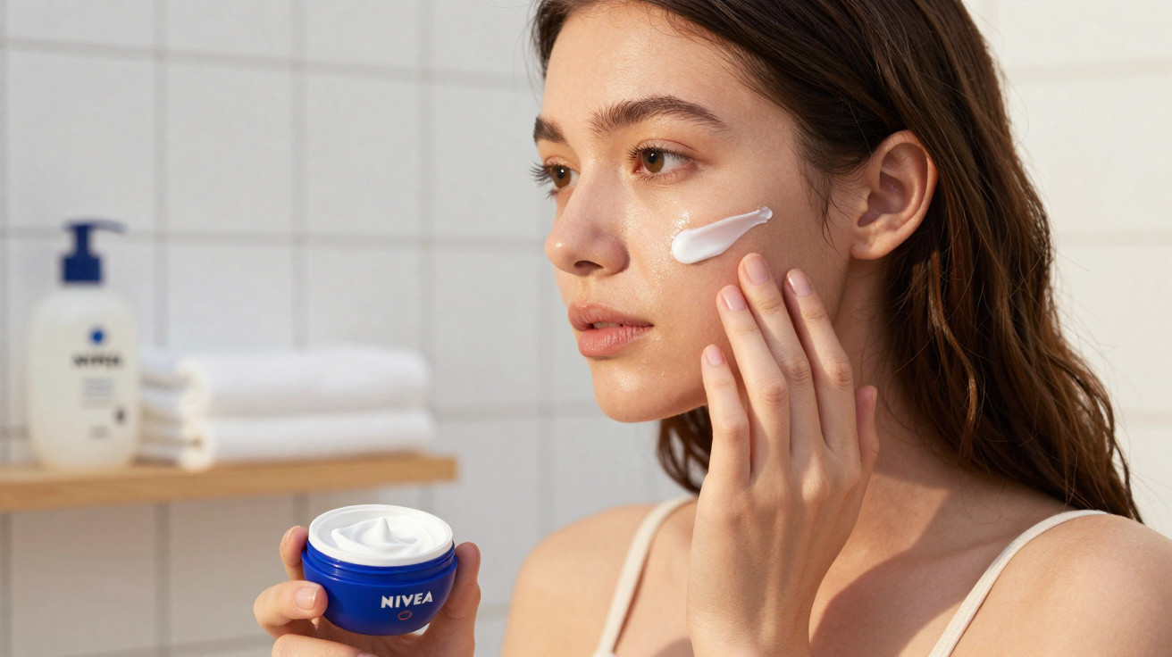Frau trägt Nivea Gesichtscreme auf Wange auf, im Hintergrund Badregal mit Handtüchern und Produkt.
