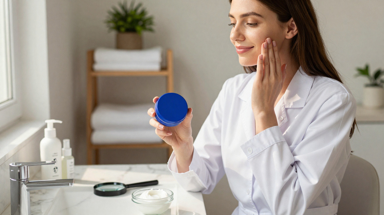 Frau in weißem Bademantel trägt Creme auf Gesicht auf und hält Dose mit blauer Deckel in hellem Badezimmer.