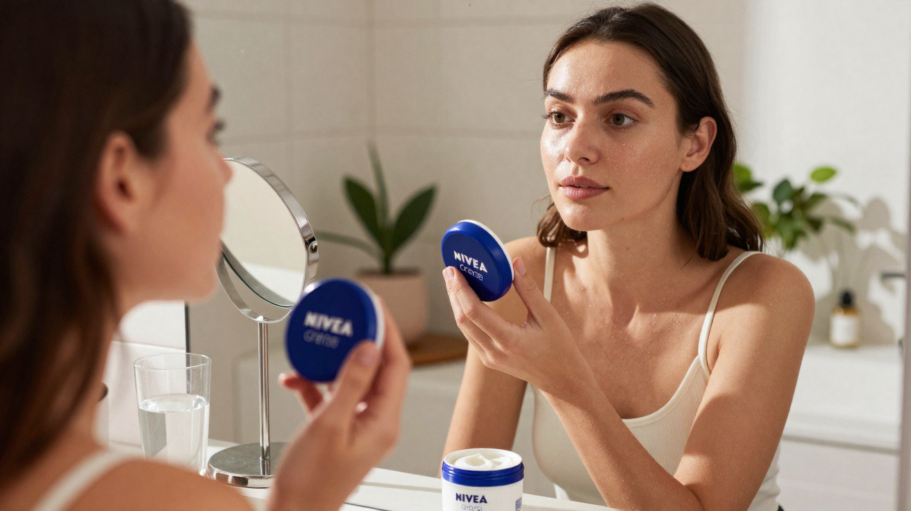 Frau trägt Nivea Creme im Gesicht auf, sitzt vor Spiegel im hellen Badezimmer.