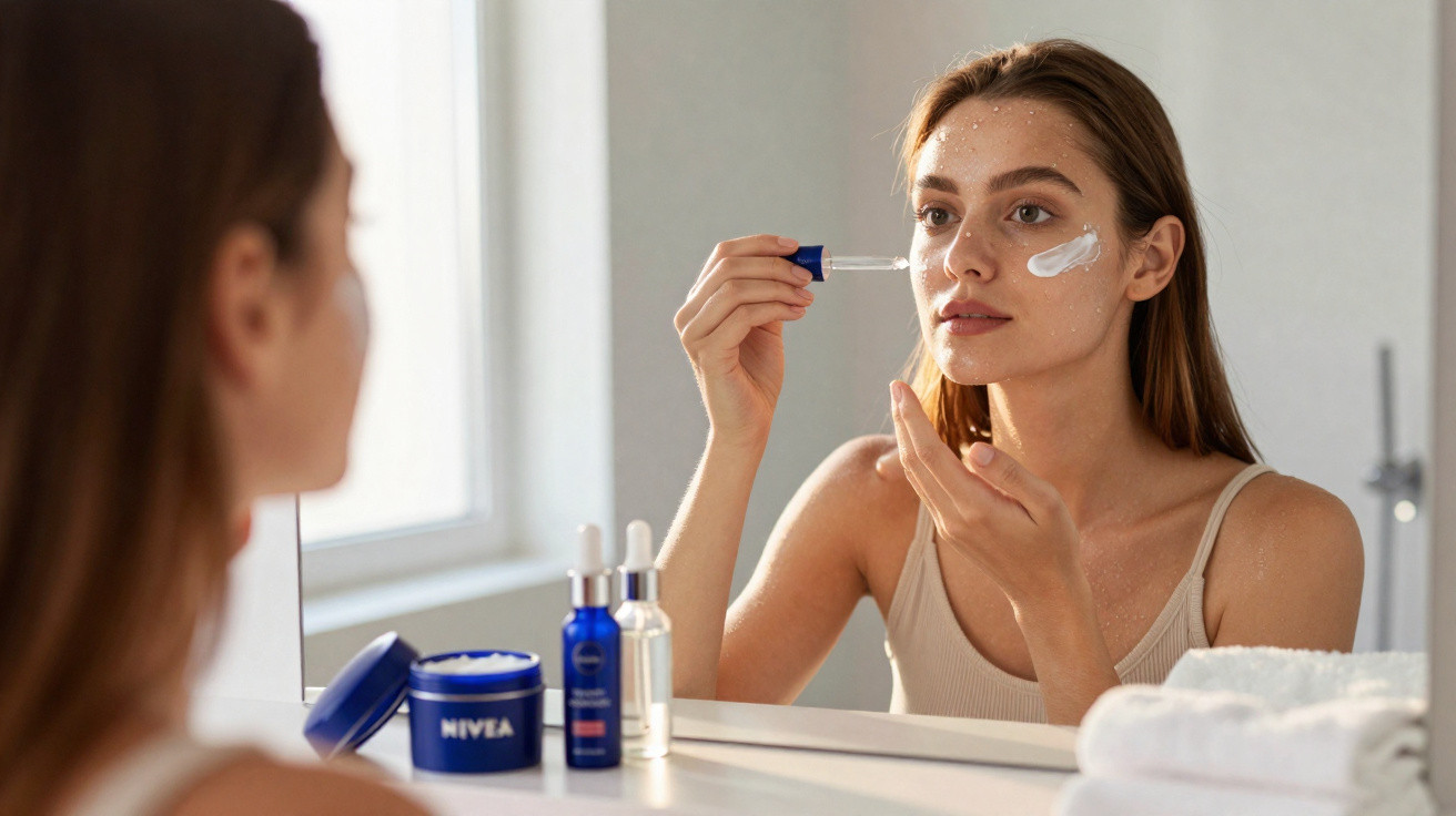 Frau trägt Gesichtsserum auf, im Bad vor Spiegel, mit Nivea-Cremedose und weiteren Pflegeprodukten auf Tisch.