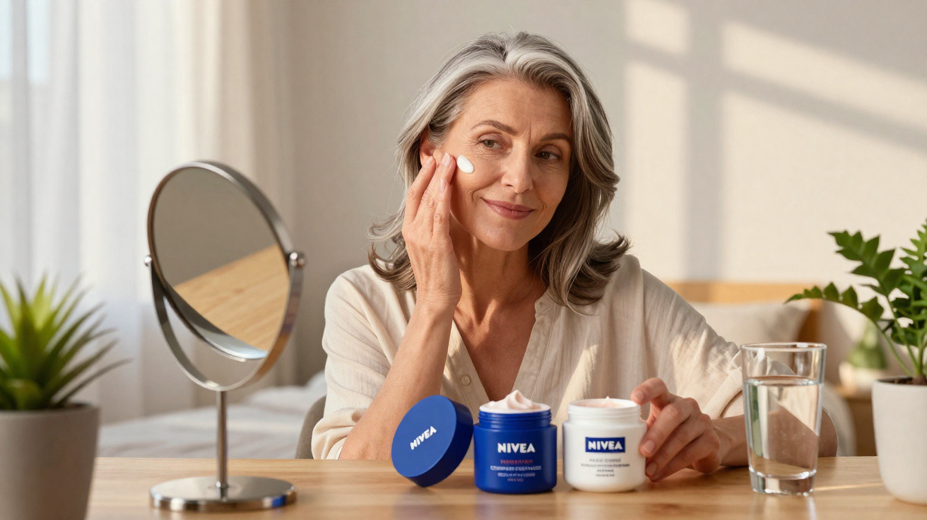 Ältere Frau trägt Nivea-Gesichtscreme auf und sitzt an einem Tisch mit Spiegel, Pflanzen und Wasserglas.