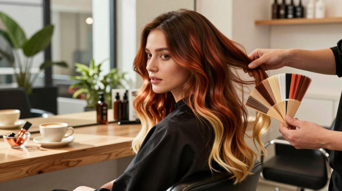 Frau mit langem, welligem rot-blond gefärbtem Haar im Friseursalon, Friseur zeigt Farbpalette.
