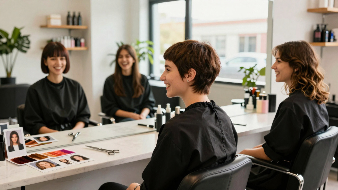 Zwei Frauen im Friseursalon sitzen vor einem Spiegel und tragen schwarze Umhänge, lachend und im Gespräch.