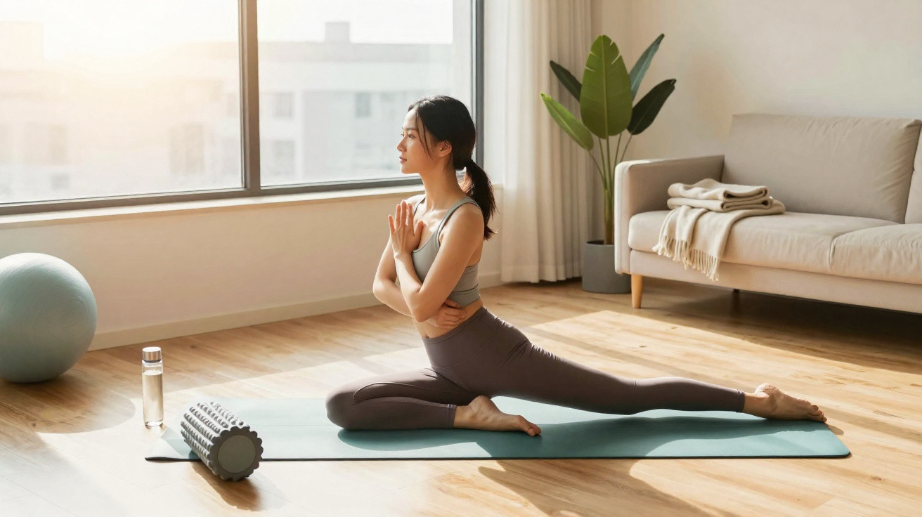 Frau praktiziert Yoga auf Matte im hellen Wohnzimmer, umgeben von Pflanze, Sofa und Fitnessrolle.