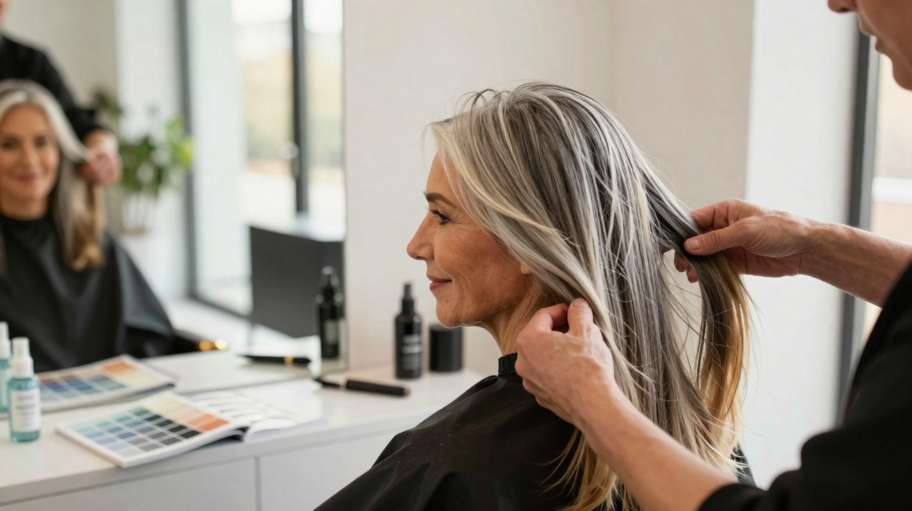 Friseurin stylt graue Haare einer älteren Frau vor Spiegel in modernem Friseursalon.